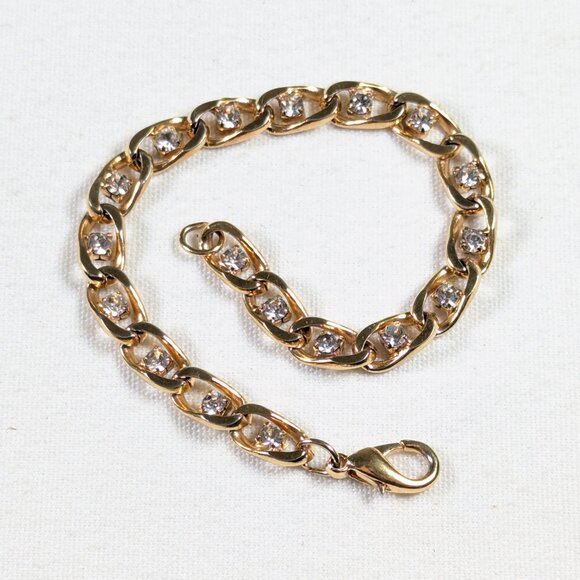 Gold toned curb link chain bracelet with clear rhinestones - Picture 2 of 5